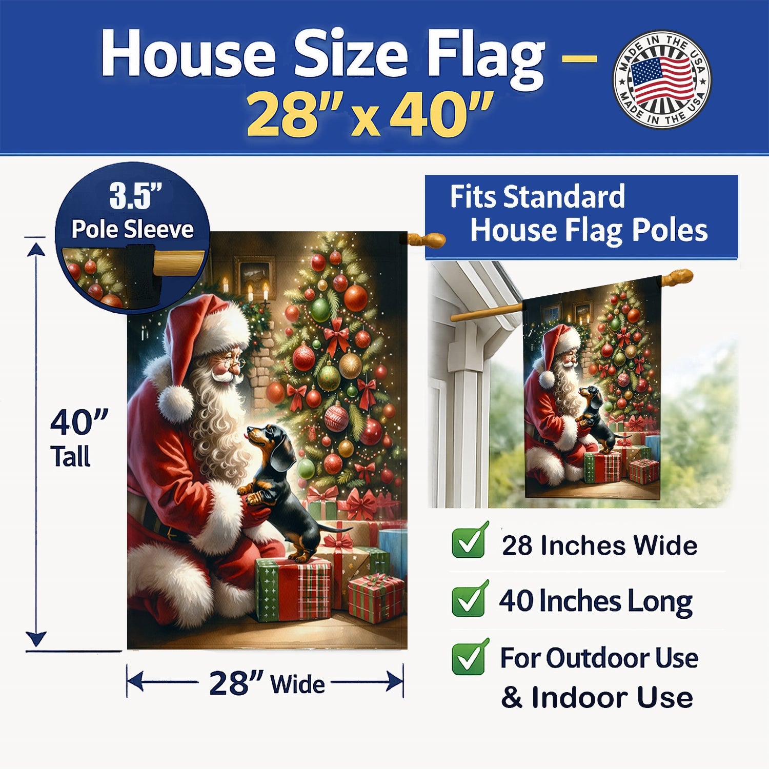 Dachshund and Santa Claus House Flag 28x40 Porch Sleeve Pole Decorative Outside Yard Banner Artwork Wall Hanging, Polyester