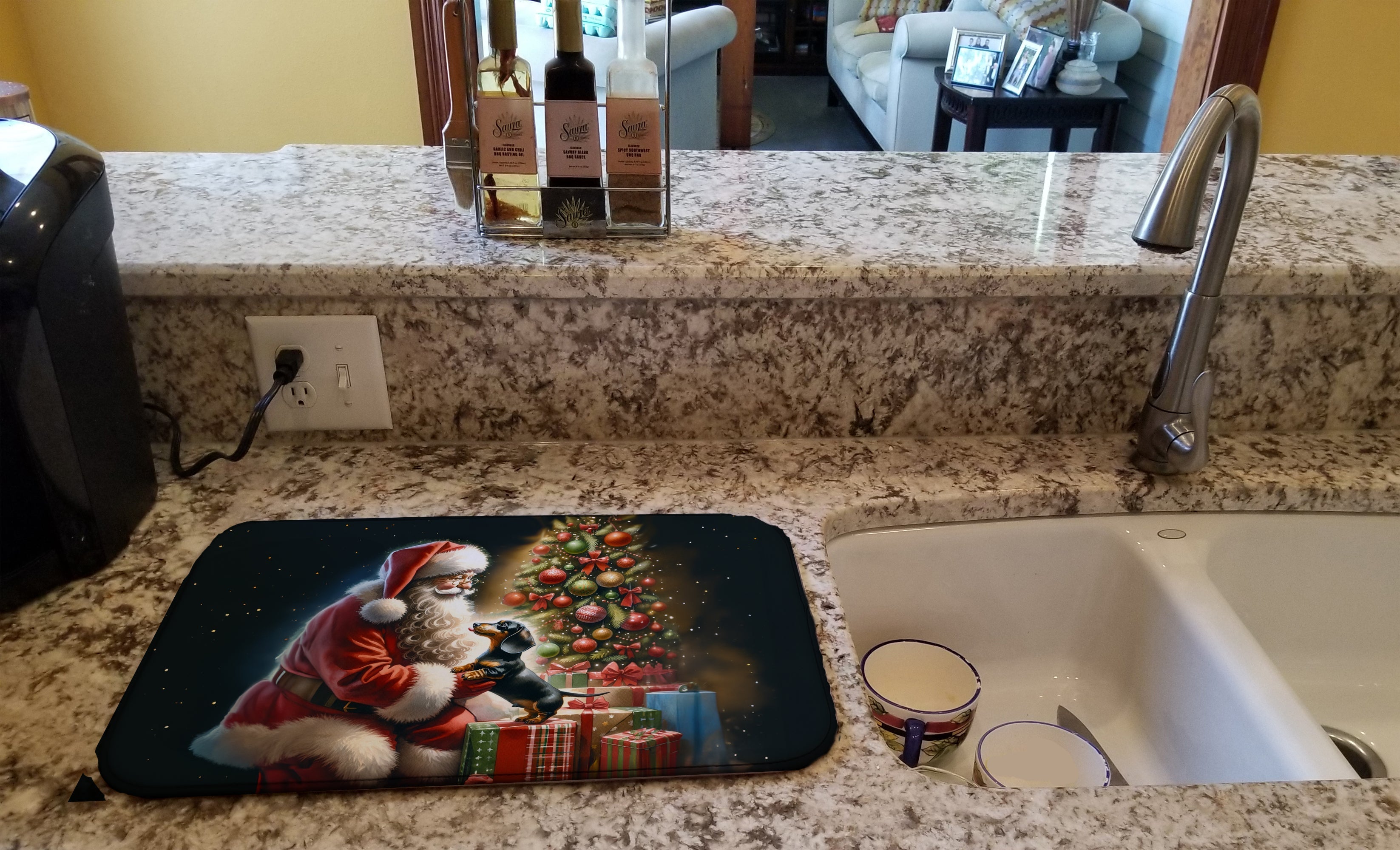 Dachshund and Santa Claus Dish Drying Mat Absorbent Dish Drying Mat Pad for Kitchen Counter Dish Drainer Mat for Countertop, 14 x 21", Multicolor