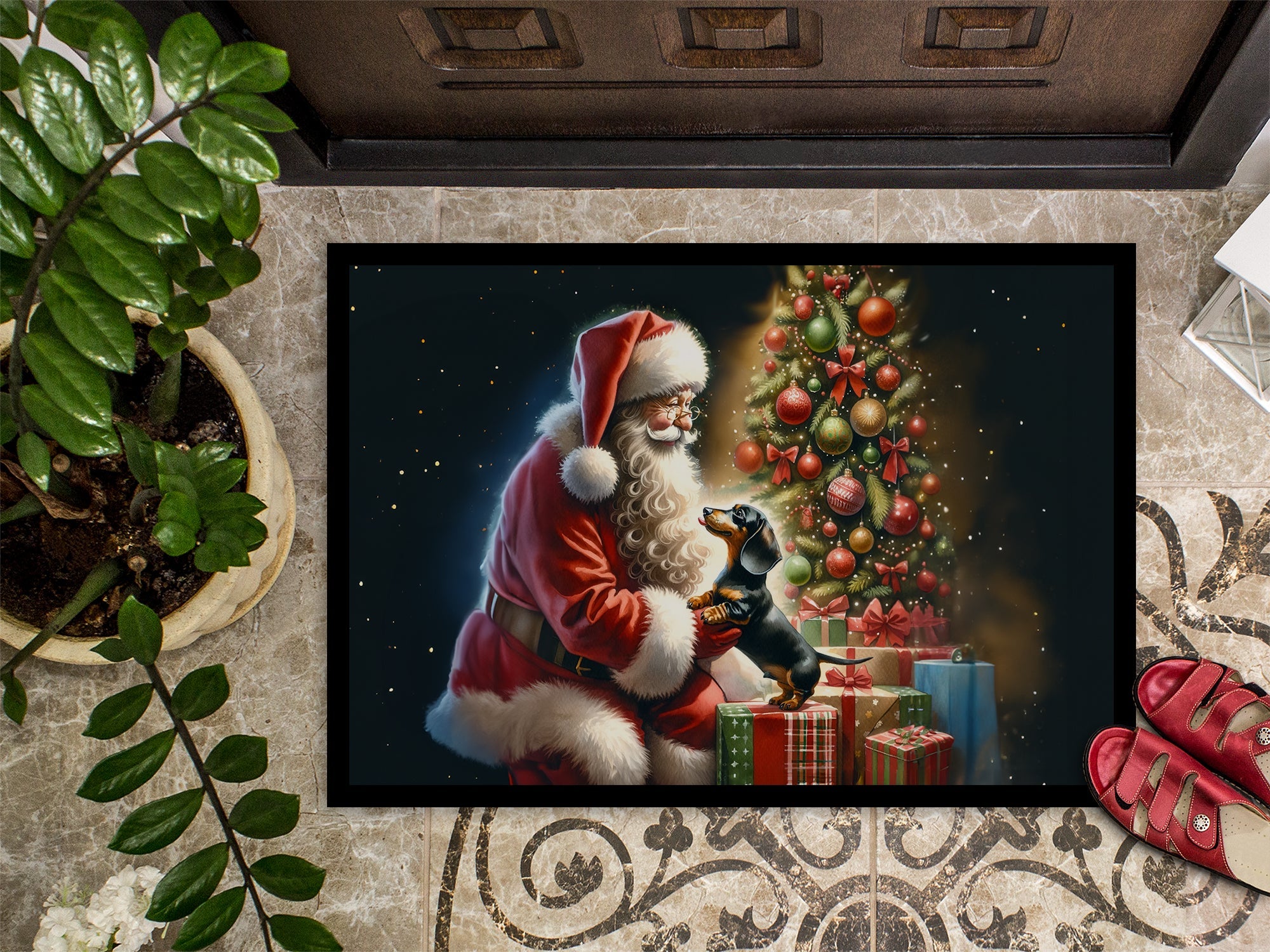 Dachshund and Santa Claus Doormat Indoor Outdoor 24H X 36W Front Door Mat Rugs for Entryway, Non Slip Washable Low Pile,