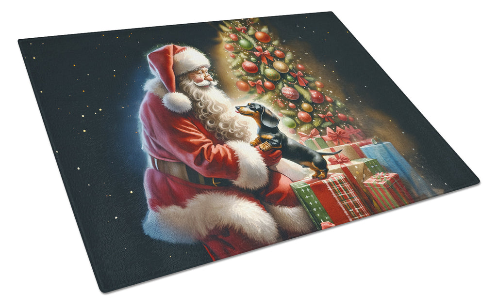 Dachshund and Santa Claus Cutting Board Tempered Glass Kitchen Cutting Surface, Heat Resistant Chopping, Non-Slip Feet, Food Prep & Serving