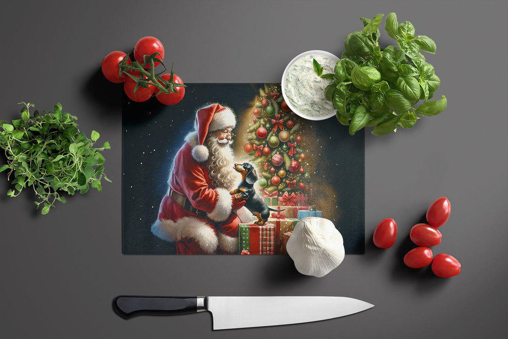 Dachshund and Santa Claus Cutting Board Tempered Glass Kitchen Cutting Surface, Heat Resistant Chopping, Non-Slip Feet, Food Prep & Serving