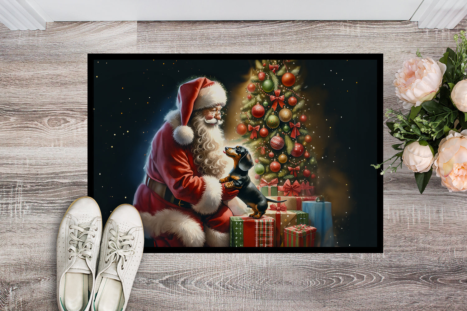 Dachshund and Santa Claus Doormat Indoor Outdoor 18H X 27W Front Door Mat Rugs for Entryway, Non Slip Washable