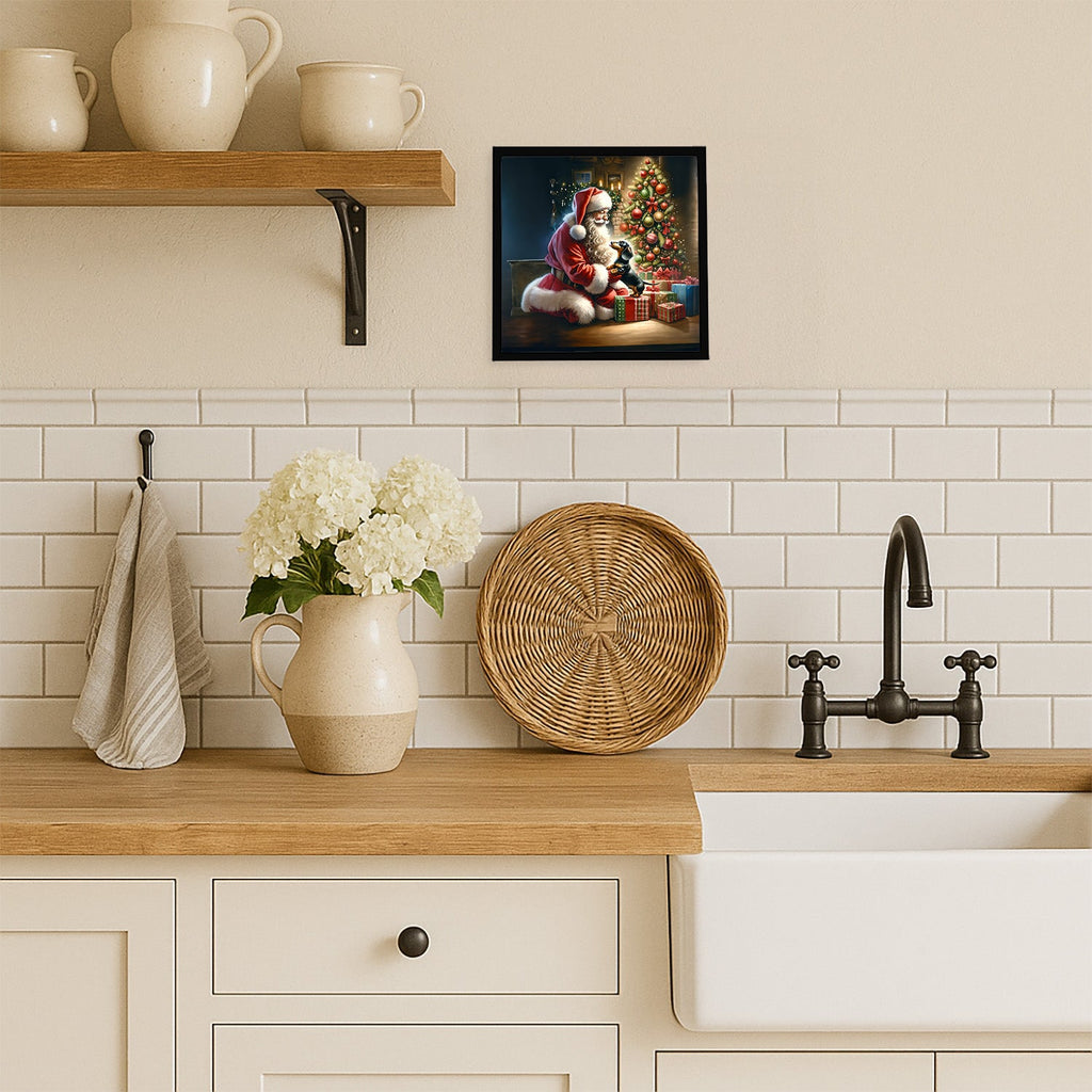 Dachshund and Santa Claus Framed Metal Print Bathroom, Kitchen, Office, Home Decor Wall Art Ready to Hang, Square, 8X8