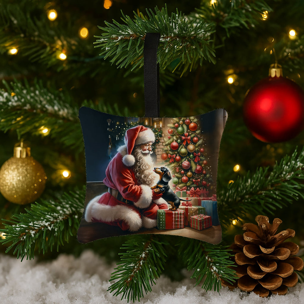 Dachshund and Santa Claus Hanging Square Fabric Ornament 3.5 × 3.5 Decorative Door-Knob & Tree Hanger, Soft Fabric