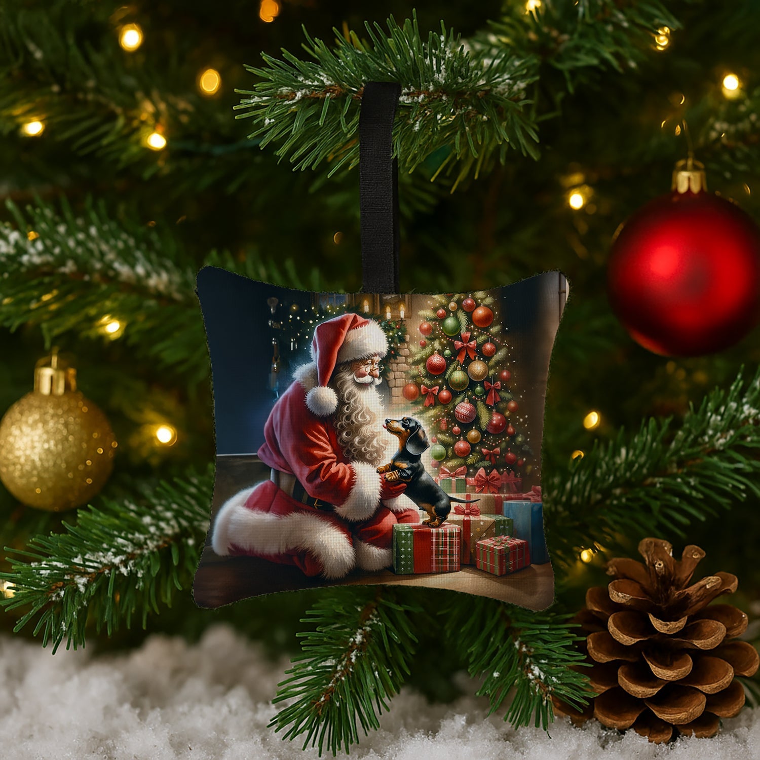 Dachshund and Santa Claus Hanging Square Fabric Ornament 3.5 × 3.5 Decorative Door-Knob & Tree Hanger, Soft Fabric