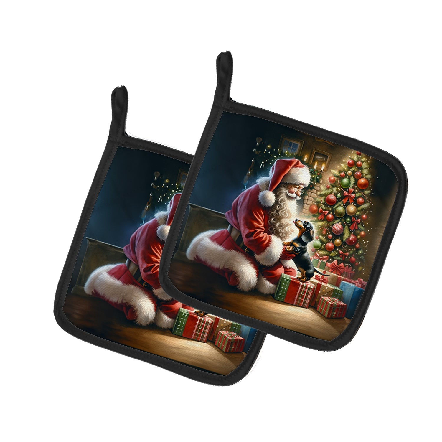 Dachshund and Santa Claus Pot Holder Set of 2 Heat Resistant Quilted Hot Pads 7.5 x 7.5 Inch, Insulated Kitchen Trivets for Cooking & Baking