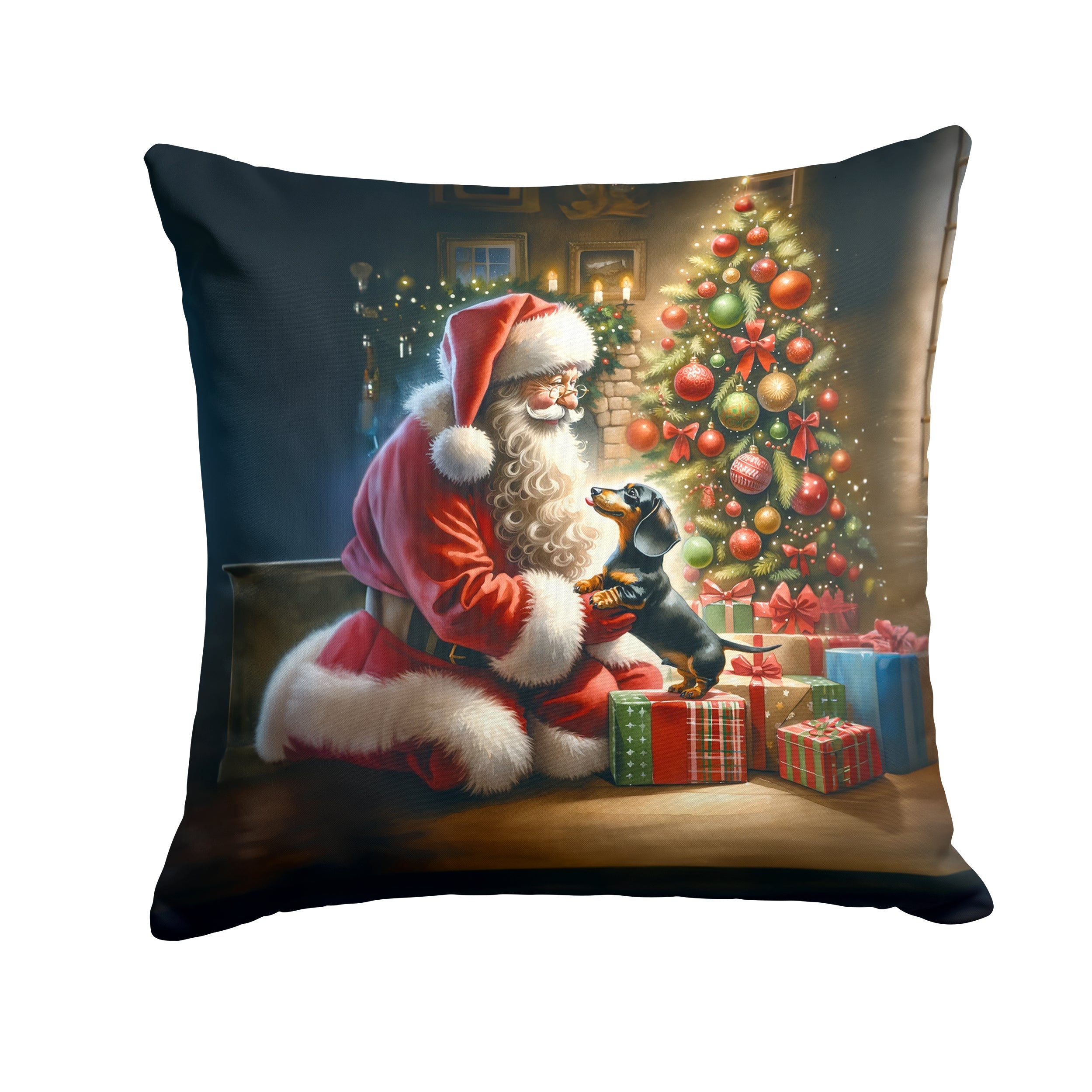 Dachshund and Santa Claus Decorative Throw Pillow 14x14 Indoor Outdoor Accent Cushion, Fabric Cover with Insert for Sofa, Bed, Porch & Living Room