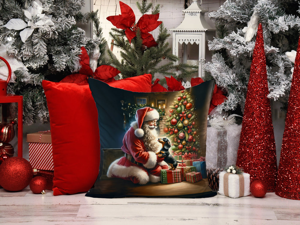 Dachshund and Santa Claus Decorative Throw Pillow 14x14 Indoor Outdoor Accent Cushion, Fabric Cover with Insert for Sofa, Bed, Porch & Living Room