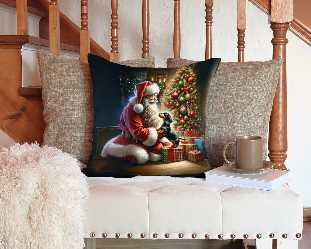 Dachshund and Santa Claus Decorative Throw Pillow 14x14 Indoor Outdoor Accent Cushion, Fabric Cover with Insert for Sofa, Bed, Porch & Living Room