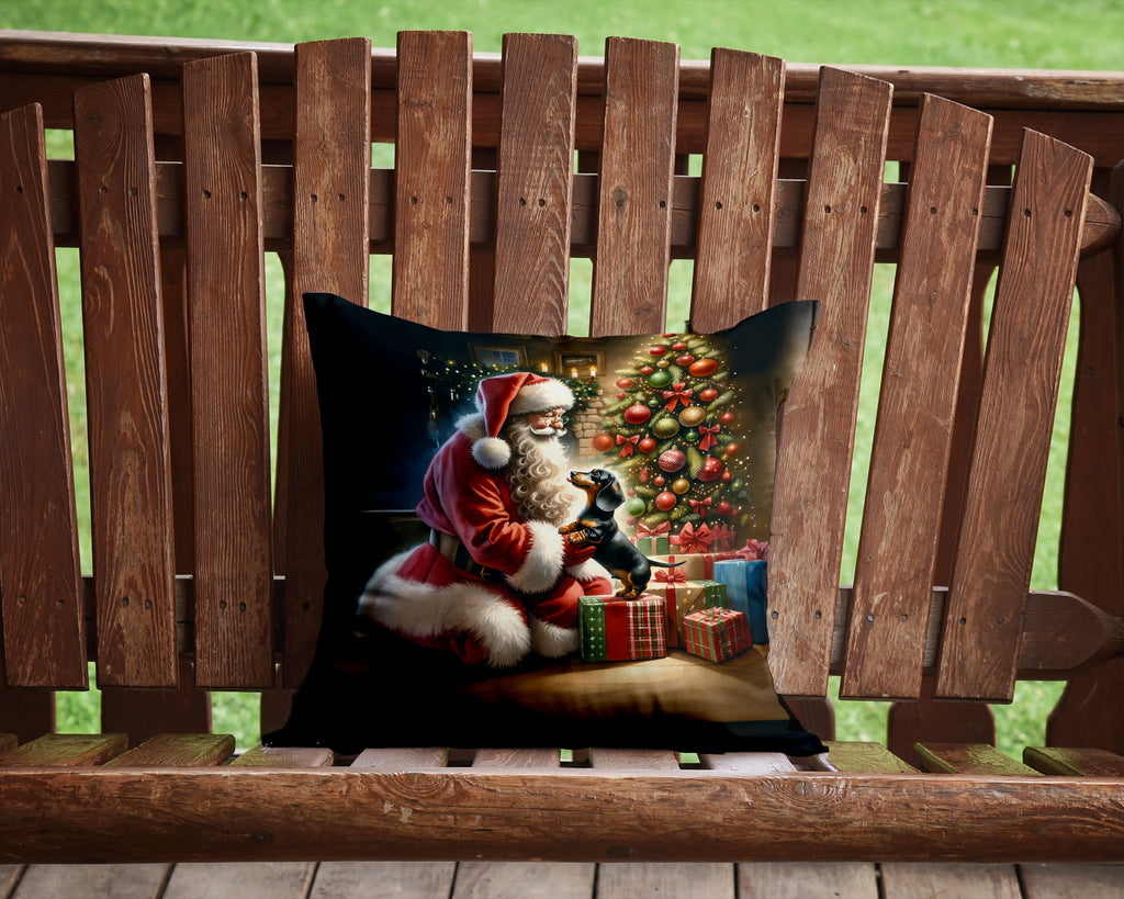 Dachshund and Santa Claus Decorative Throw Pillow 14x14 Indoor Outdoor Accent Cushion, Fabric Cover with Insert for Sofa, Bed, Porch & Living Room
