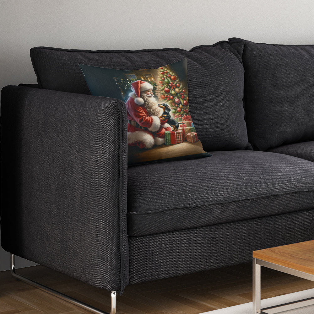 Dachshund and Santa Claus Decorative Throw Pillow 14x14 Indoor Outdoor Accent Cushion, Fabric Cover with Insert for Sofa, Bed, Porch & Living Room