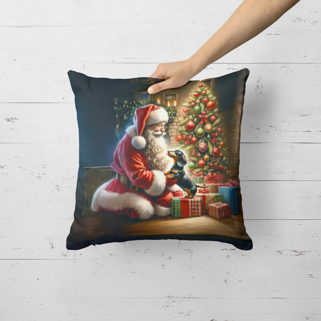 Dachshund and Santa Claus Decorative Throw Pillow 18x18 Indoor Outdoor Accent Cushion, Fabric Cover with Insert for Sofa, Bed, Porch & Living Room