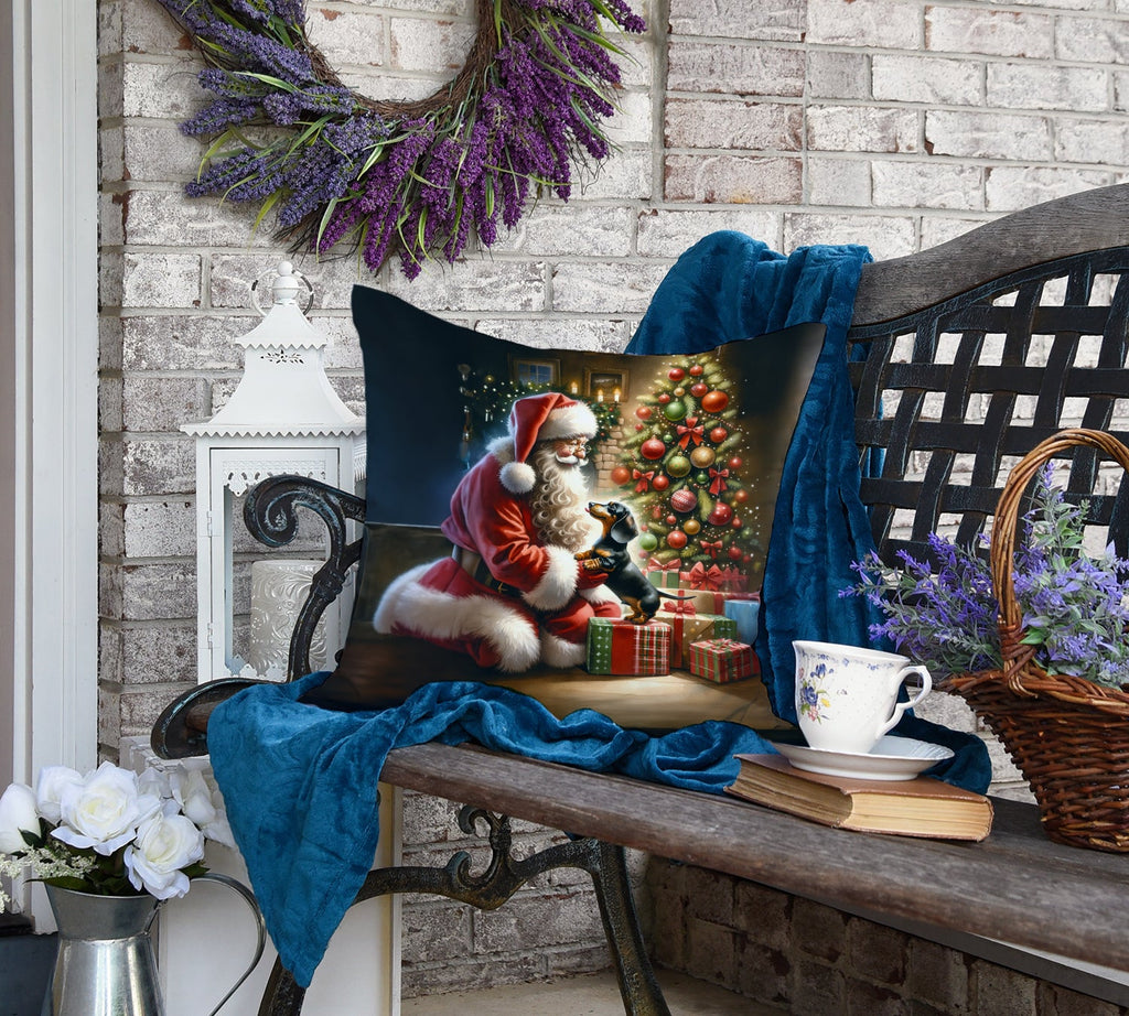 Dachshund and Santa Claus Decorative Throw Pillow 18x18 Indoor Outdoor Accent Cushion, Fabric Cover with Insert for Sofa, Bed, Porch & Living Room