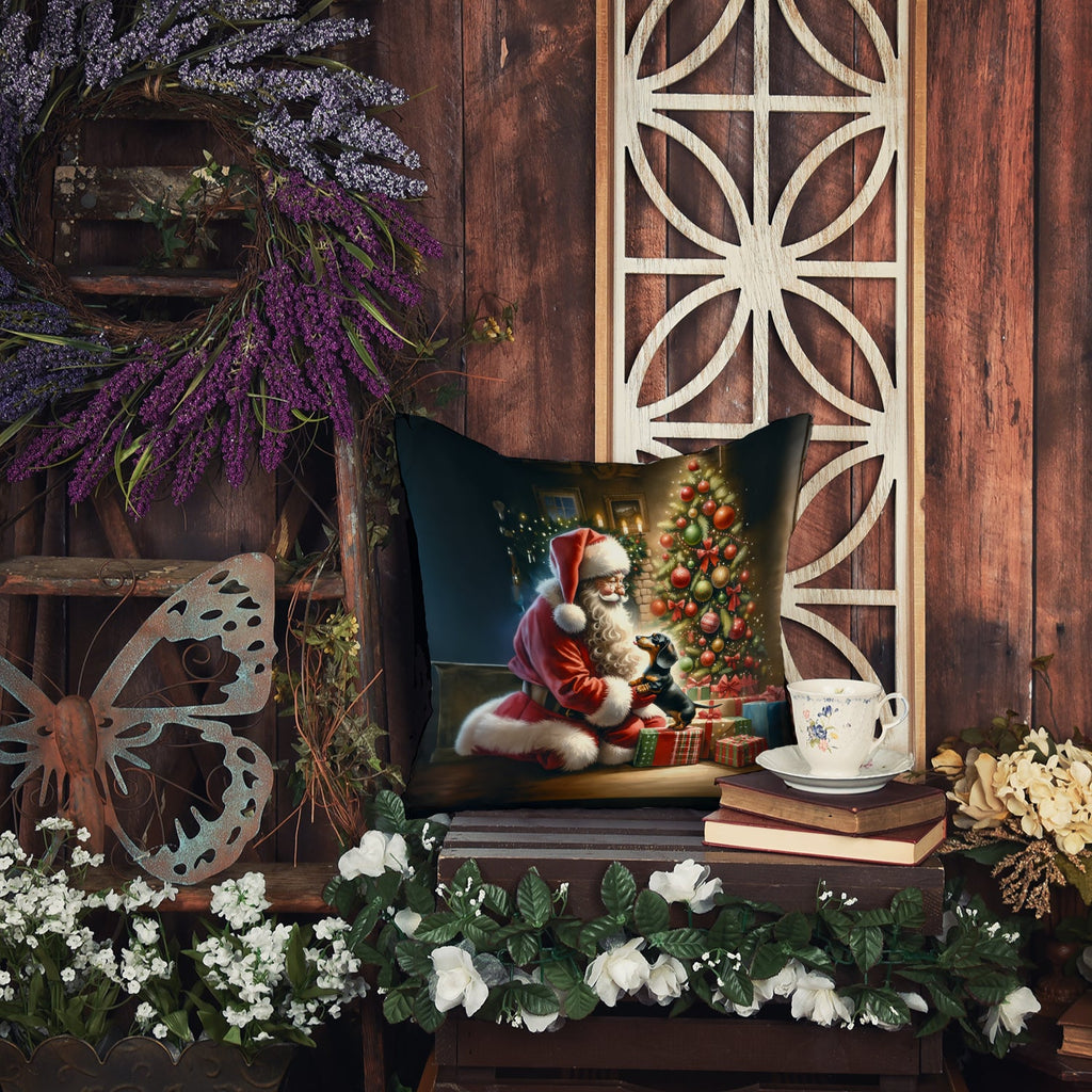 Dachshund and Santa Claus Decorative Throw Pillow 18x18 Indoor Outdoor Accent Cushion, Fabric Cover with Insert for Sofa, Bed, Porch & Living Room