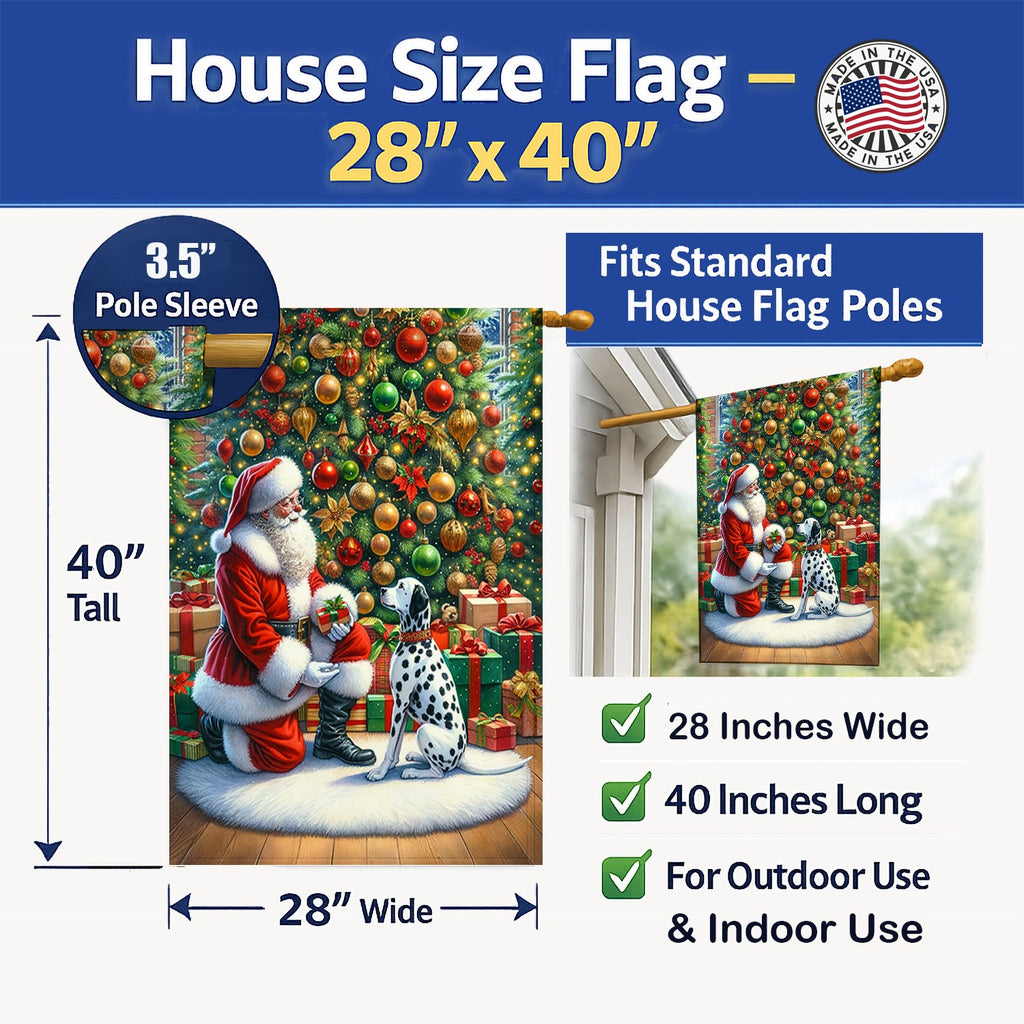 Dalmatian and Santa Claus House Flag 28x40 Porch Sleeve Pole Decorative Outside Yard Banner Artwork Wall Hanging, Polyester