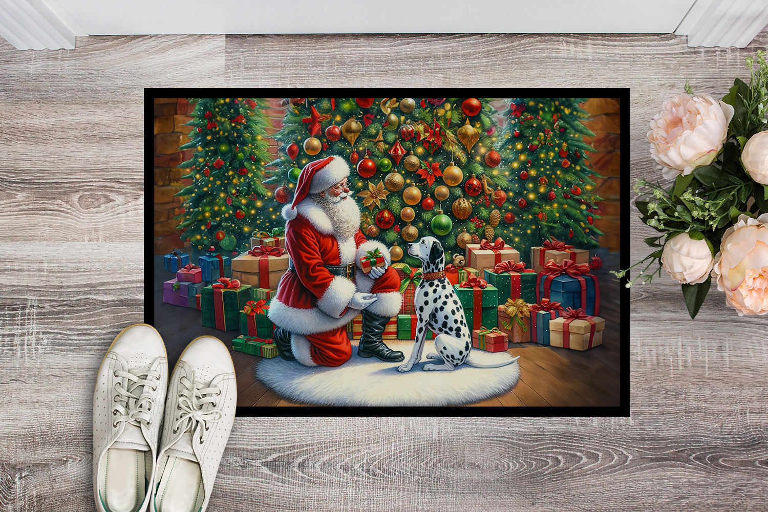 Dalmatian and Santa Claus Doormat Indoor Outdoor 24H X 36W Front Door Mat Rugs for Entryway, Non Slip Washable Low Pile,