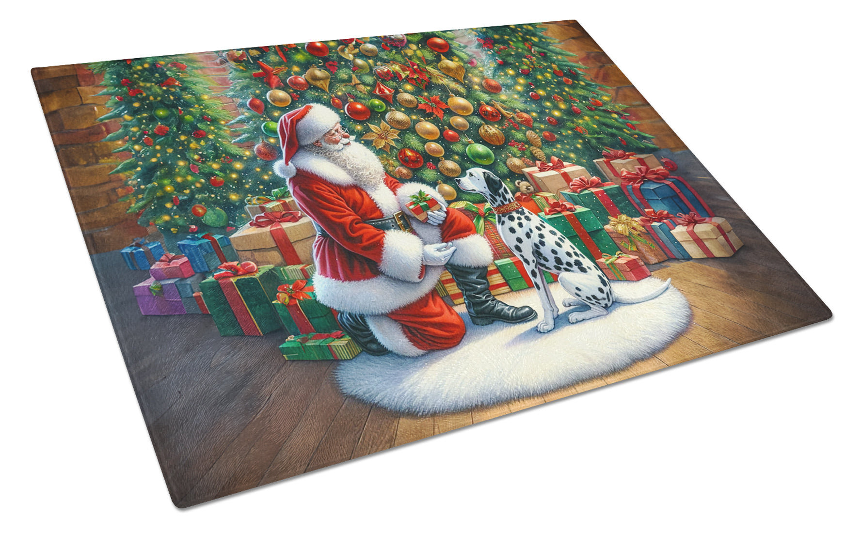 Dalmatian and Santa Claus Cutting Board Tempered Glass Kitchen Cutting Surface, Heat Resistant Chopping, Non-Slip Feet, Food Prep & Serving