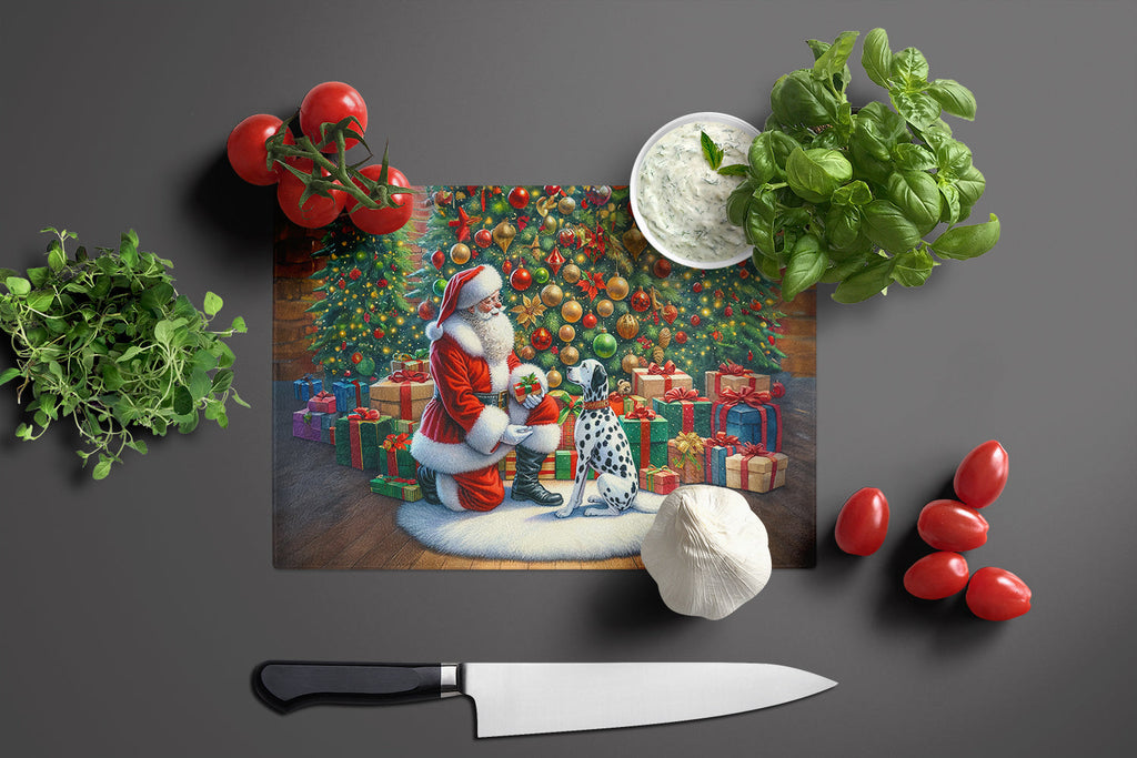 Dalmatian and Santa Claus Cutting Board Tempered Glass Kitchen Cutting Surface, Heat Resistant Chopping, Non-Slip Feet, Food Prep & Serving
