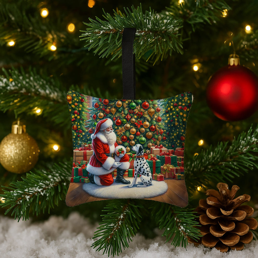 Dalmatian and Santa Claus Hanging Square Fabric Ornament 3.5 × 3.5 Decorative Door-Knob & Tree Hanger, Soft Fabric