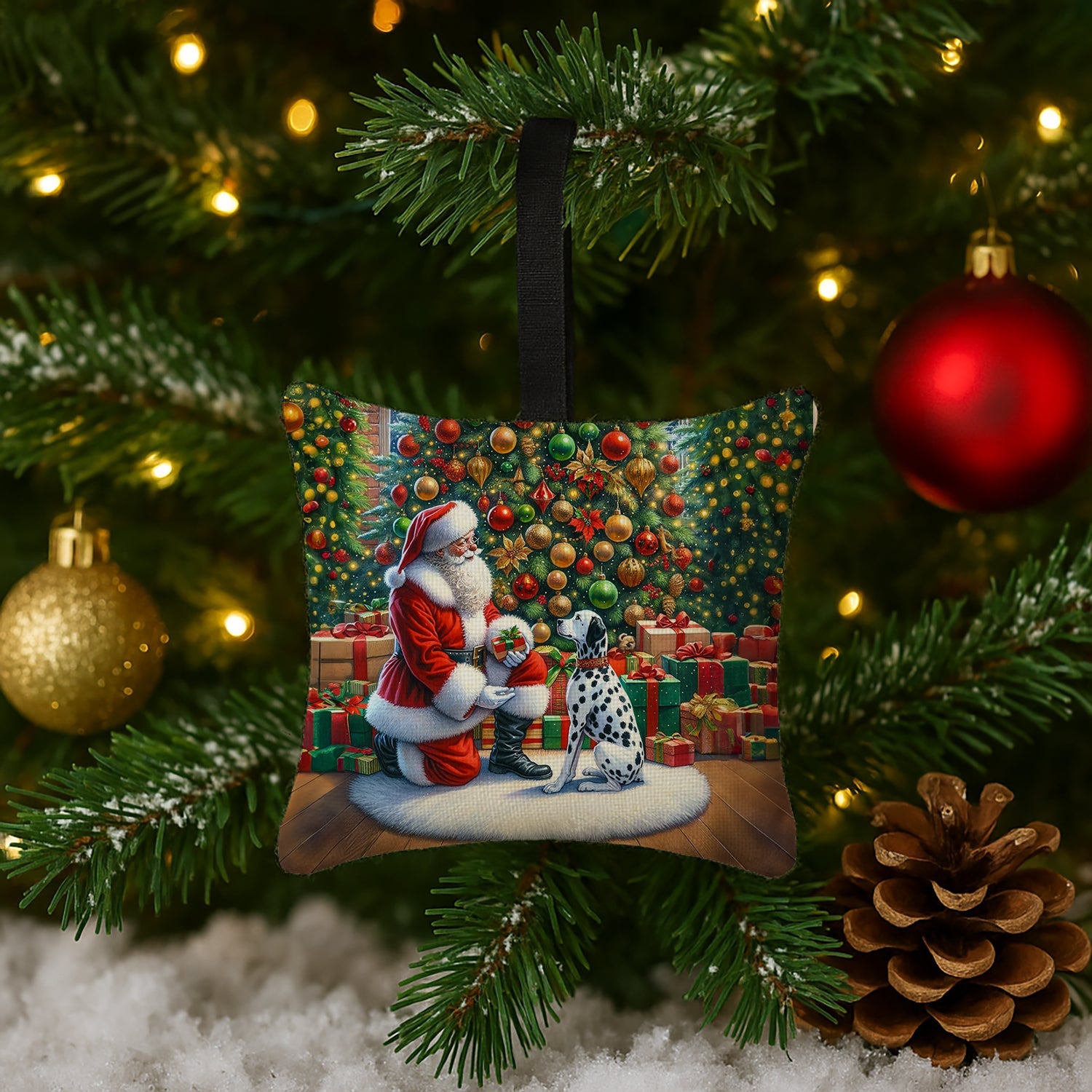 Dalmatian and Santa Claus Hanging Square Fabric Ornament 3.5 × 3.5 Decorative Door-Knob & Tree Hanger, Soft Fabric