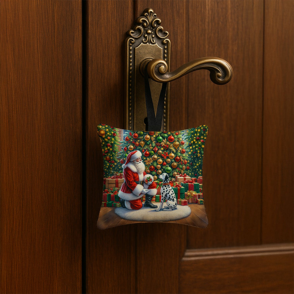 Dalmatian and Santa Claus Hanging Square Fabric Ornament 3.5 × 3.5 Decorative Door-Knob & Tree Hanger, Soft Fabric