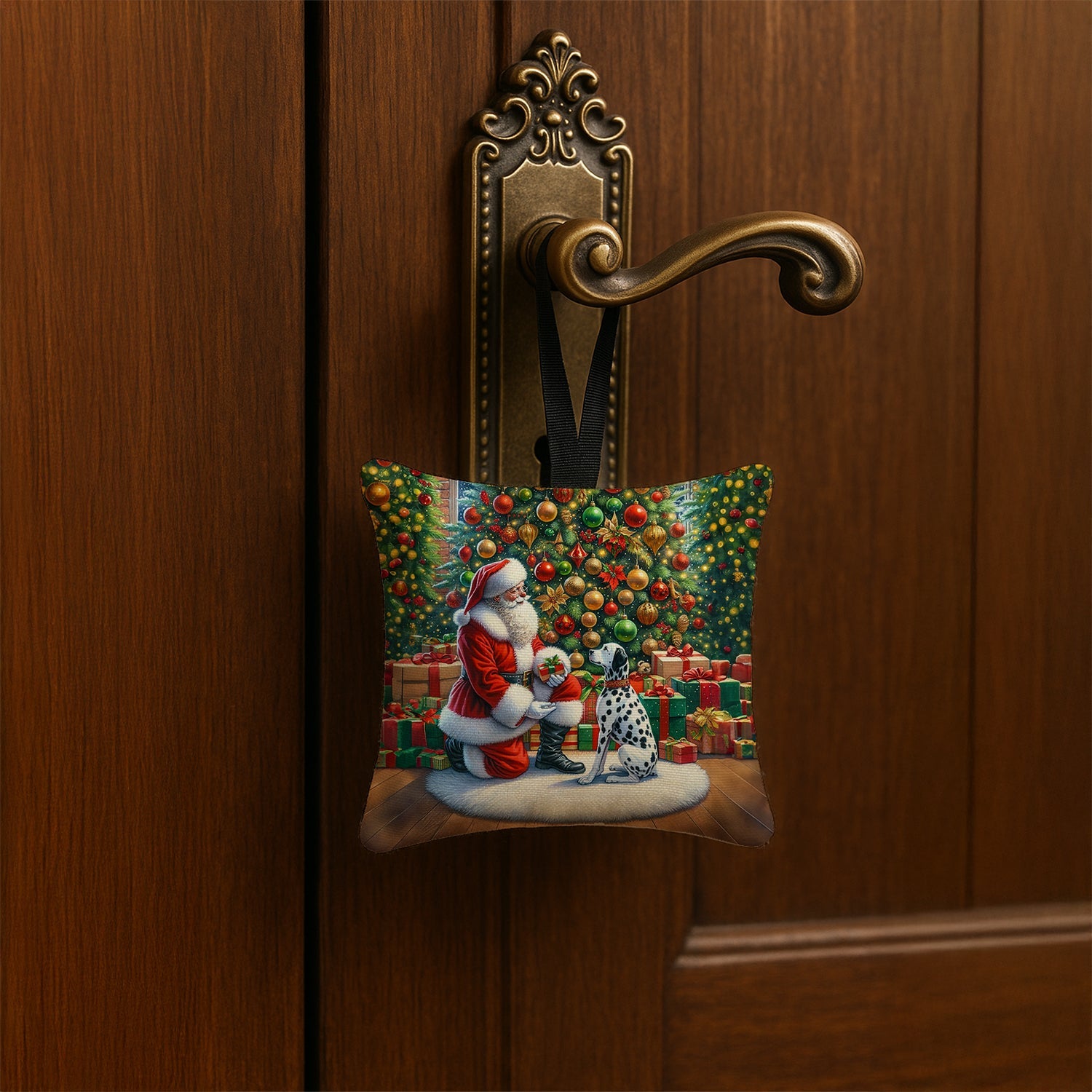 Dalmatian and Santa Claus Hanging Square Fabric Ornament 3.5 × 3.5 Decorative Door-Knob & Tree Hanger, Soft Fabric