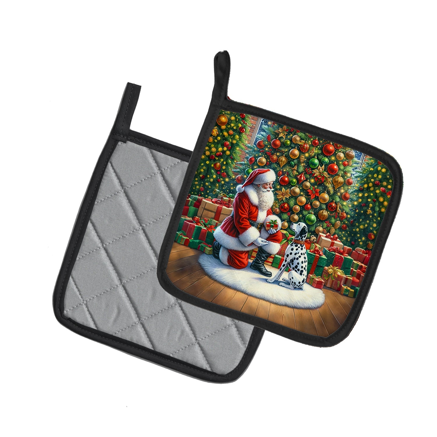 Dalmatian and Santa Claus Pot Holder Set of 2 Heat Resistant Quilted Hot Pads 7.5 x 7.5 Inch, Insulated Kitchen Trivets for Cooking & Baking