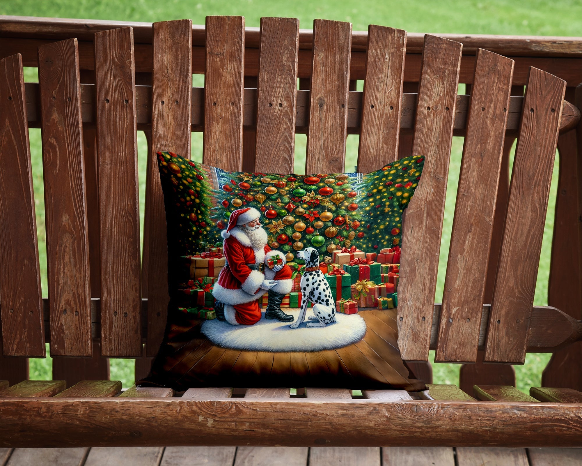 Dalmatian and Santa Claus Decorative Throw Pillow 14x14 Indoor Outdoor Accent Cushion, Fabric Cover with Insert for Sofa, Bed, Porch & Living Room