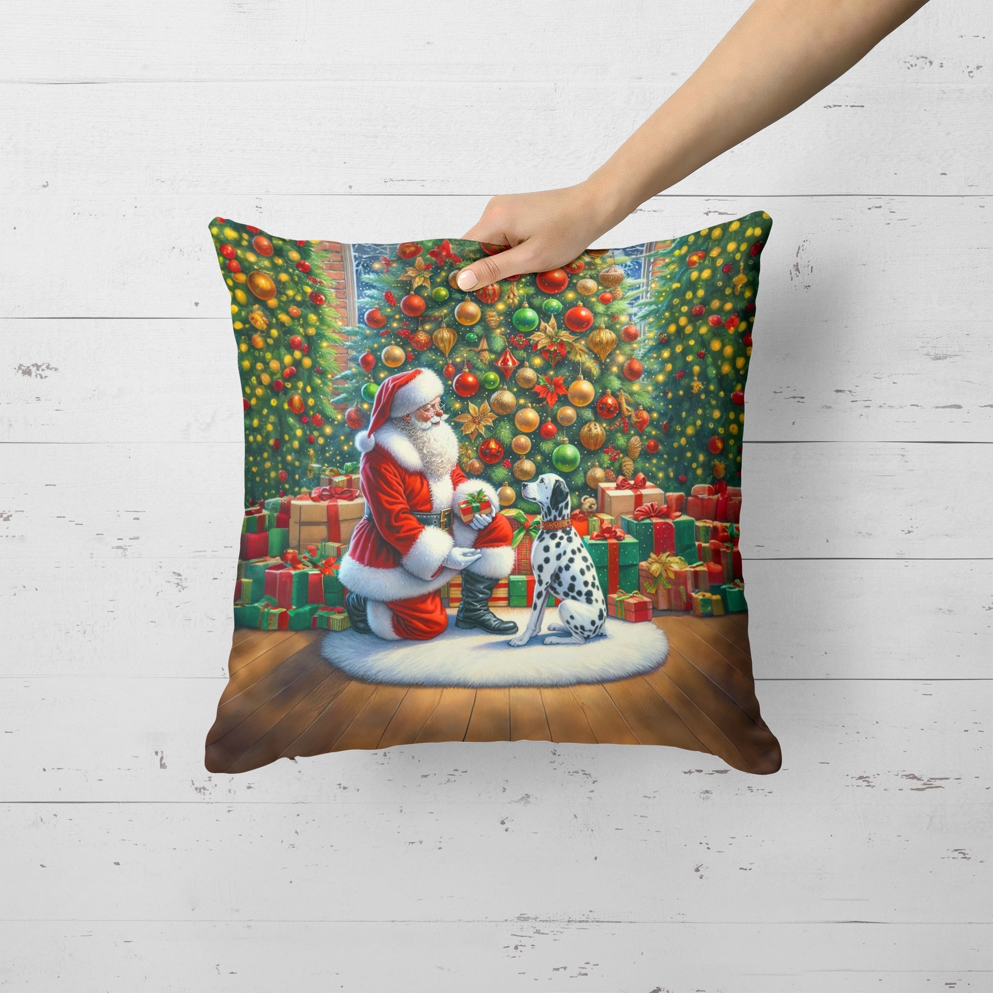 Dalmatian and Santa Claus Decorative Throw Pillow 18x18 Indoor Outdoor Accent Cushion, Fabric Cover with Insert for Sofa, Bed, Porch & Living Room
