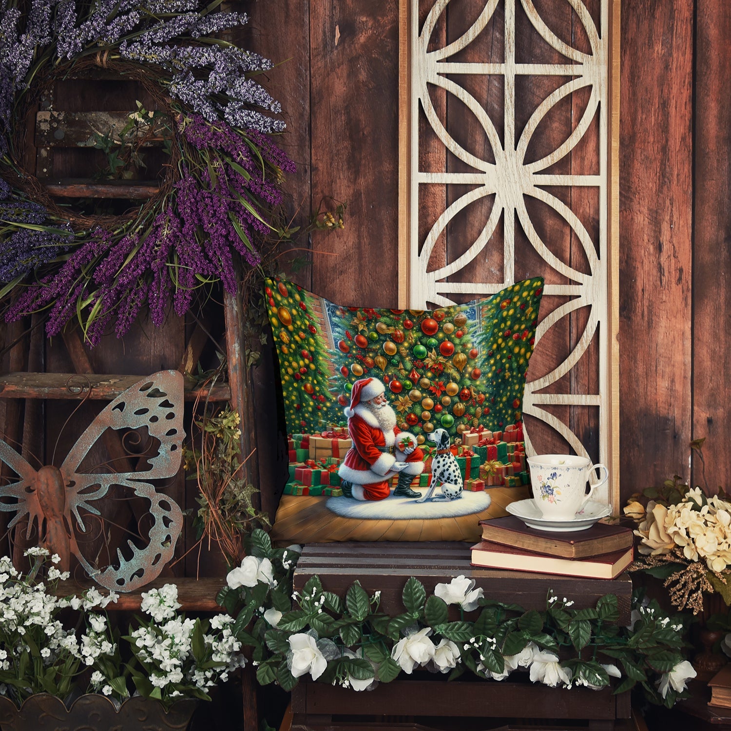 Dalmatian and Santa Claus Decorative Throw Pillow 18x18 Indoor Outdoor Accent Cushion, Fabric Cover with Insert for Sofa, Bed, Porch & Living Room
