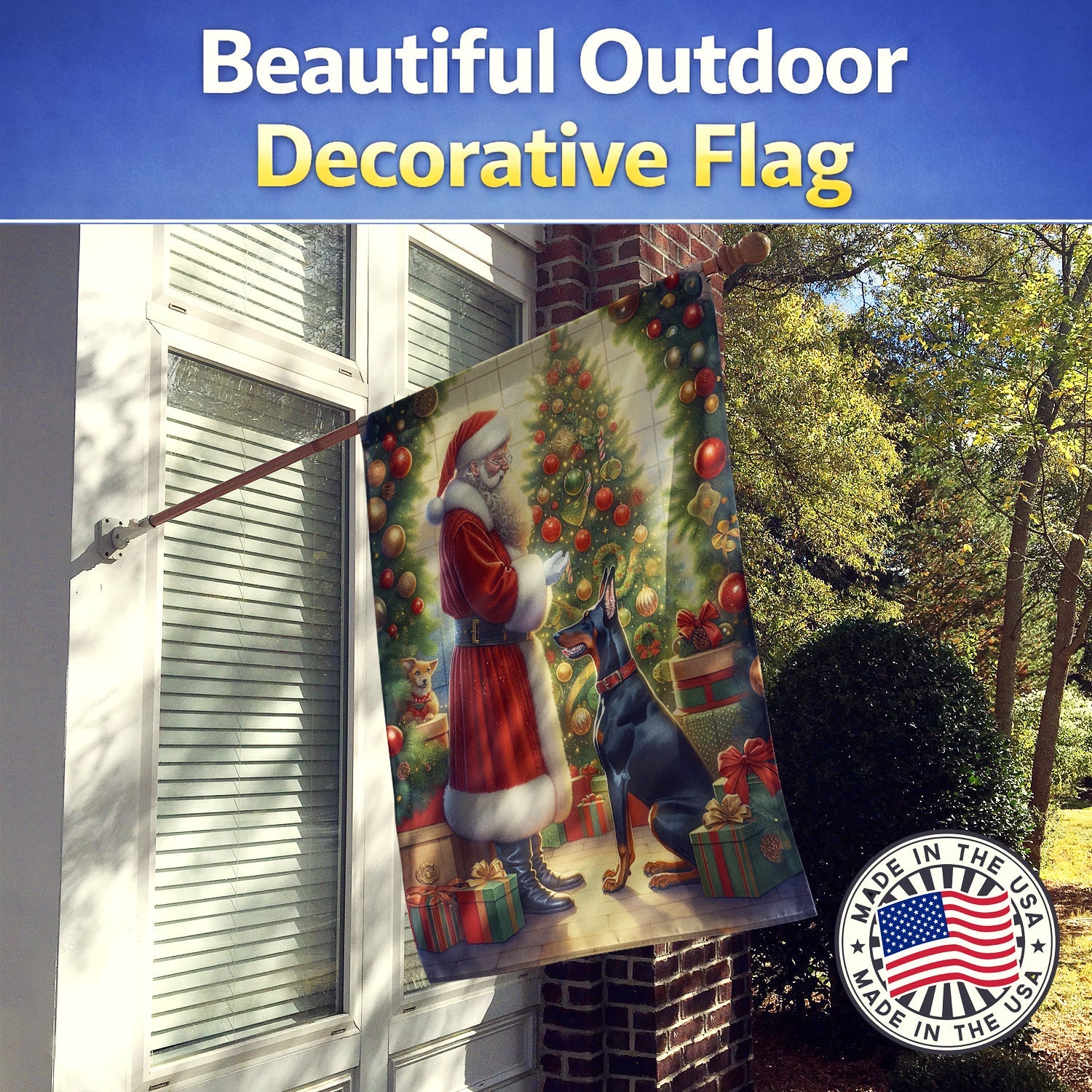 Doberman Pinscher and Santa Claus House Flag 28x40 Porch Sleeve Pole Decorative Outside Yard Banner Artwork Wall Hanging, Polyester
