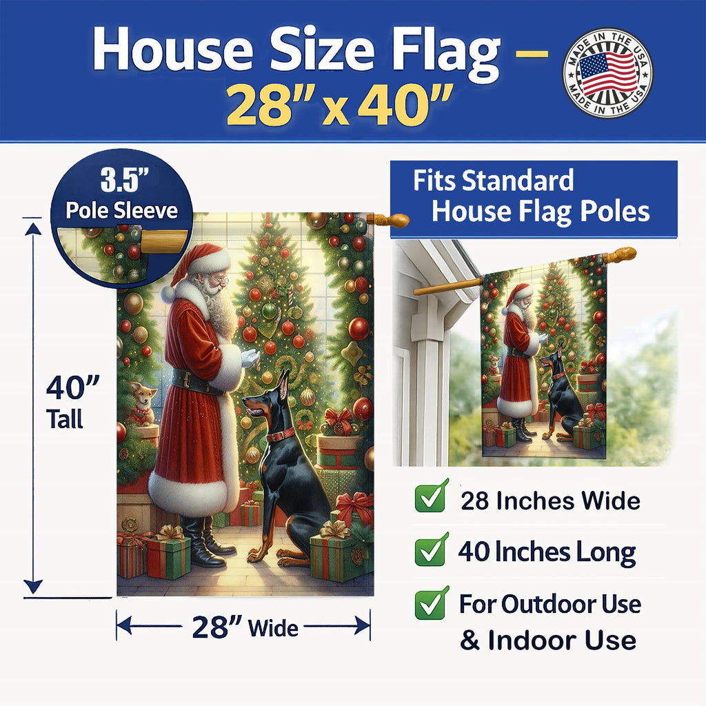 Doberman Pinscher and Santa Claus House Flag 28x40 Porch Sleeve Pole Decorative Outside Yard Banner Artwork Wall Hanging, Polyester