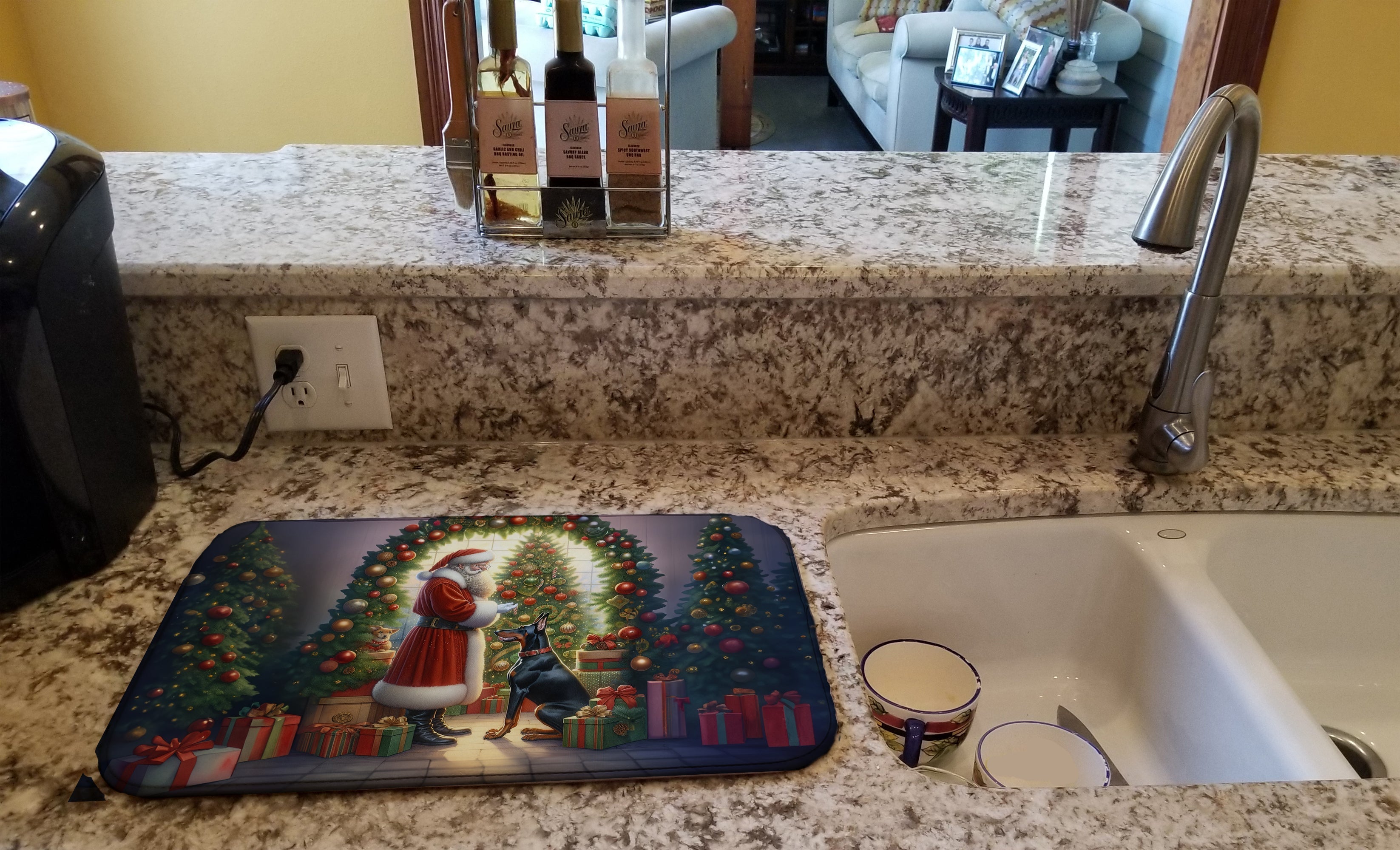 Doberman Pinscher and Santa Claus Dish Drying Mat Absorbent Dish Drying Mat Pad for Kitchen Counter Dish Drainer Mat for Countertop, 14 x 21", Multicolor