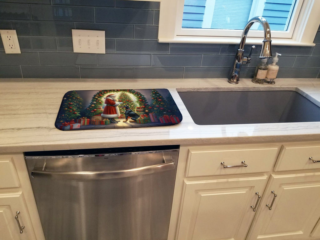 Doberman Pinscher and Santa Claus Dish Drying Mat Absorbent Dish Drying Mat Pad for Kitchen Counter Dish Drainer Mat for Countertop, 14 x 21", Multicolor