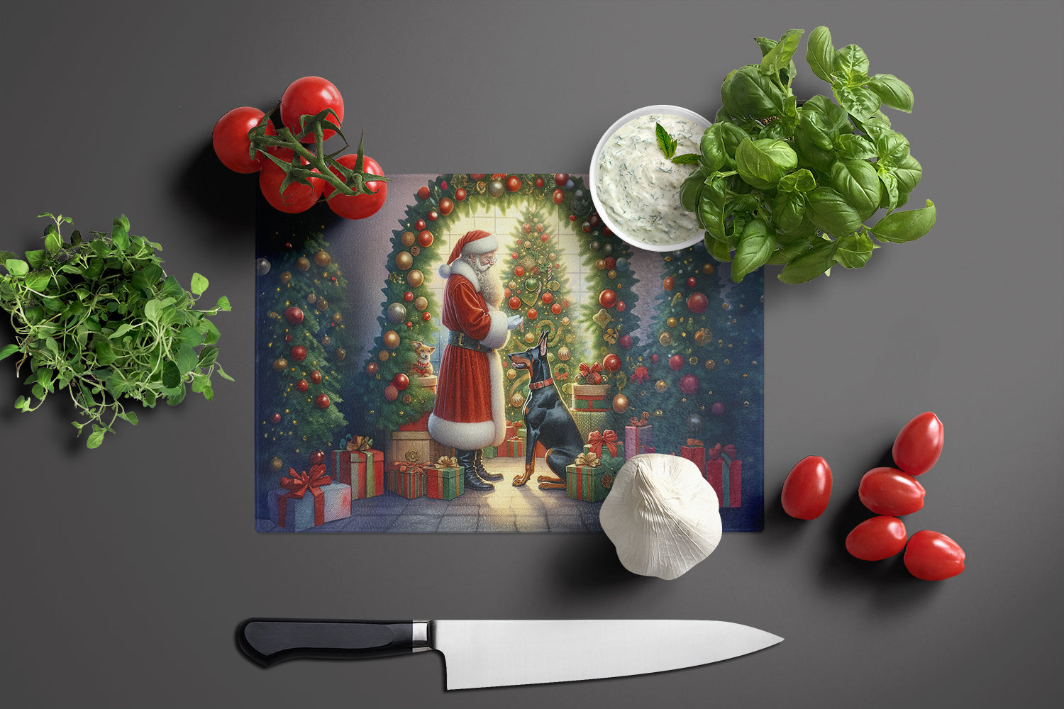 Doberman Pinscher and Santa Claus Cutting Board Tempered Glass Kitchen Cutting Surface, Heat Resistant Chopping, Non-Slip Feet, Food Prep & Serving