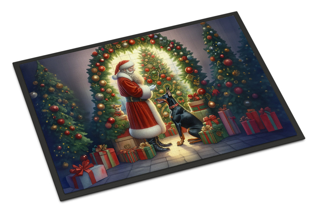 Doberman Pinscher and Santa Claus Doormat Indoor Outdoor 18H X 27W Front Door Mat Rugs for Entryway, Non Slip Washable