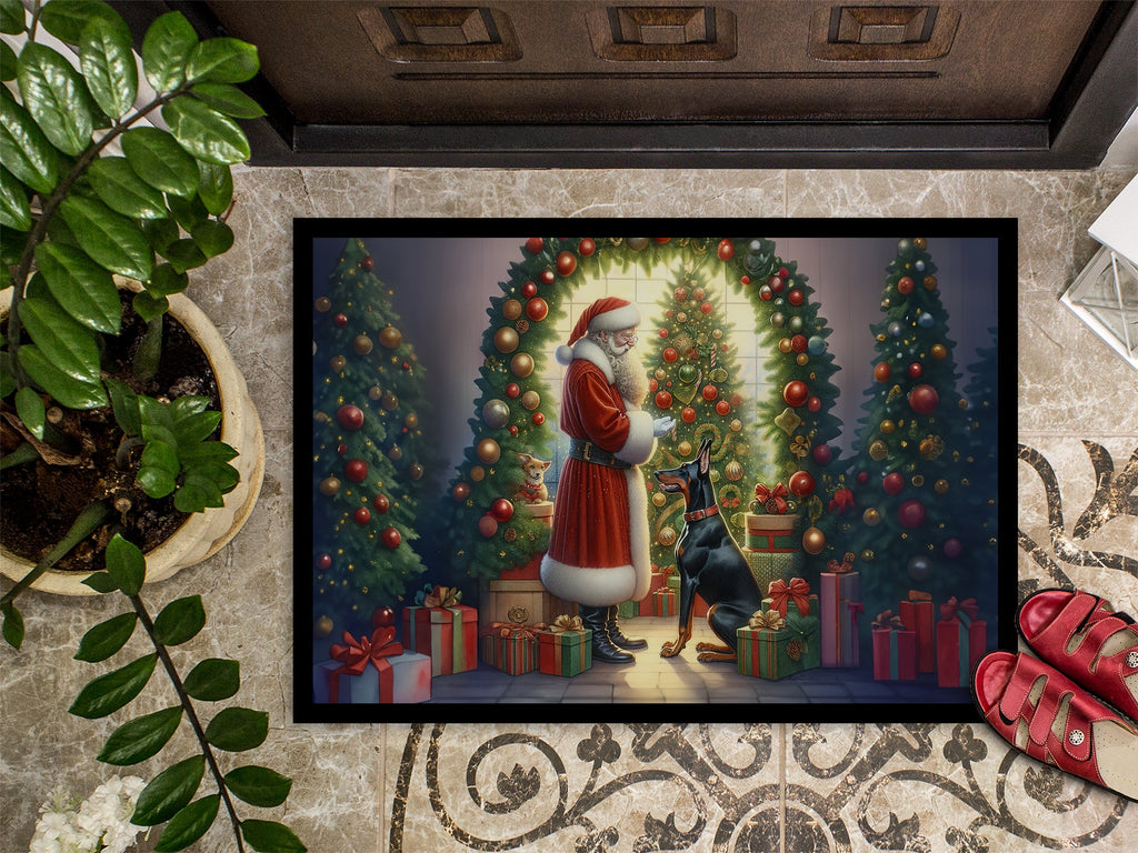Doberman Pinscher and Santa Claus Doormat Indoor Outdoor 18H X 27W Front Door Mat Rugs for Entryway, Non Slip Washable