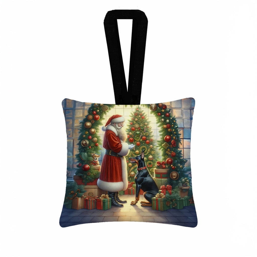 Doberman Pinscher and Santa Claus Hanging Square Fabric Ornament 3.5 × 3.5 Decorative Door-Knob & Tree Hanger, Soft Fabric