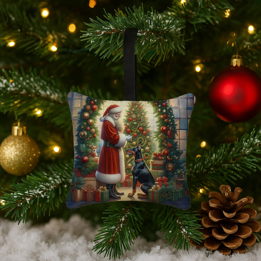 Doberman Pinscher and Santa Claus Hanging Square Fabric Ornament 3.5 × 3.5 Decorative Door-Knob & Tree Hanger, Soft Fabric