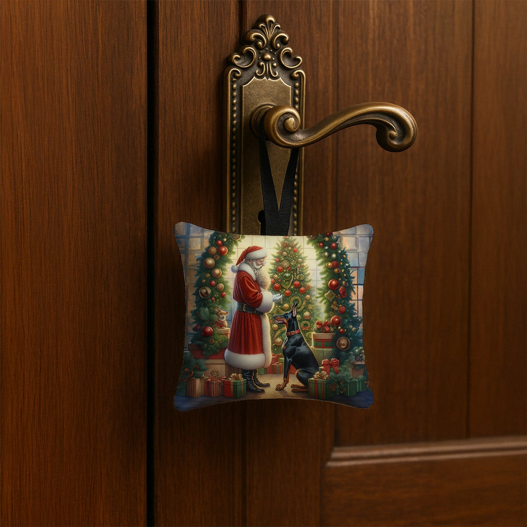 Doberman Pinscher and Santa Claus Hanging Square Fabric Ornament 3.5 × 3.5 Decorative Door-Knob & Tree Hanger, Soft Fabric