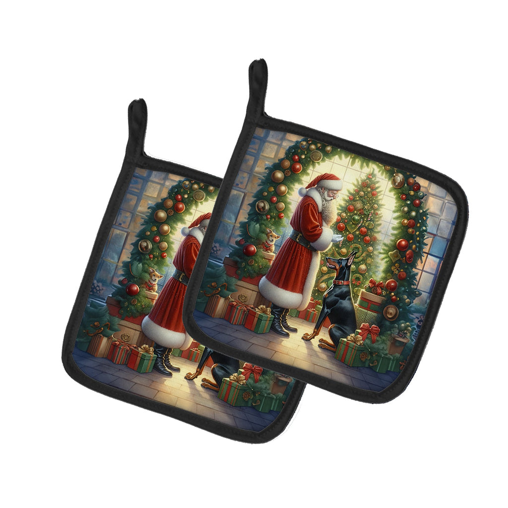 Doberman Pinscher and Santa Claus Pot Holder Set of 2 Heat Resistant Quilted Hot Pads 7.5 x 7.5 Inch, Insulated Kitchen Trivets for Cooking & Baking