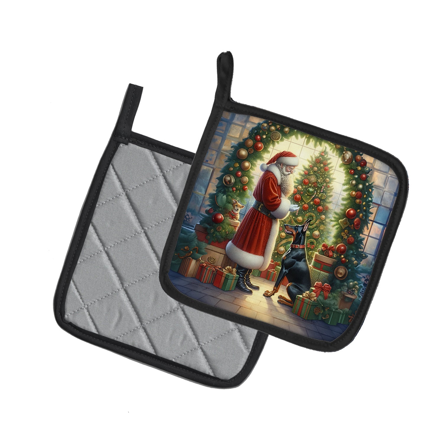 Doberman Pinscher and Santa Claus Pot Holder Set of 2 Heat Resistant Quilted Hot Pads 7.5 x 7.5 Inch, Insulated Kitchen Trivets for Cooking & Baking