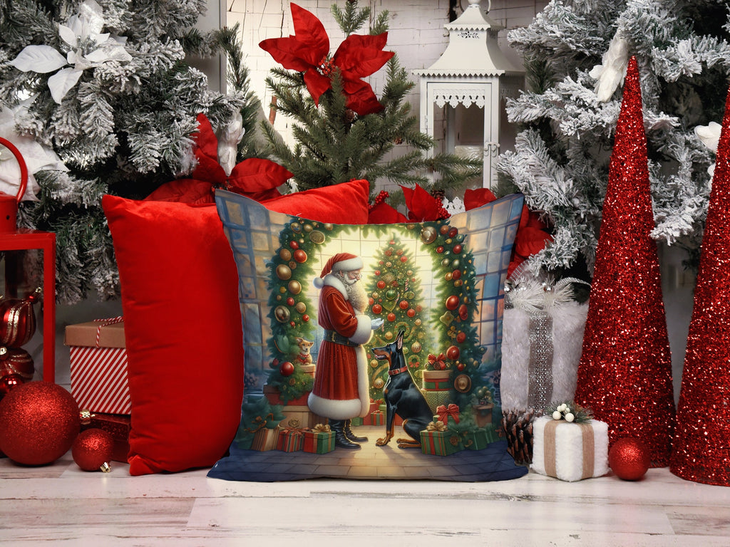 Doberman Pinscher and Santa Claus Decorative Throw Pillow 14x14 Indoor Outdoor Accent Cushion, Fabric Cover with Insert for Sofa, Bed, Porch & Living Room