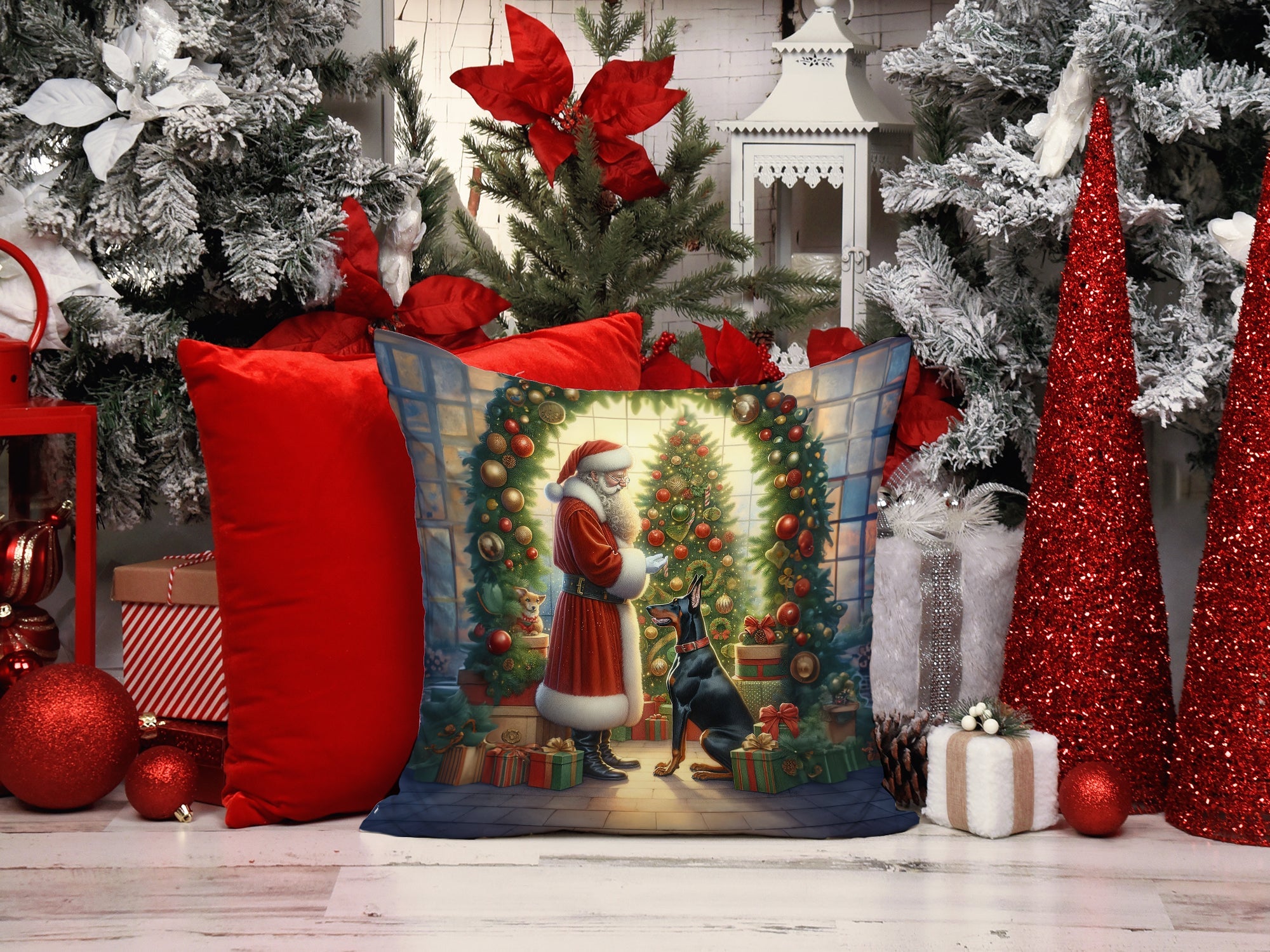 Doberman Pinscher and Santa Claus Decorative Throw Pillow 14x14 Indoor Outdoor Accent Cushion, Fabric Cover with Insert for Sofa, Bed, Porch & Living Room