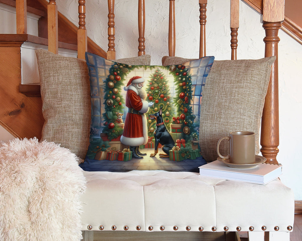 Doberman Pinscher and Santa Claus Decorative Throw Pillow 14x14 Indoor Outdoor Accent Cushion, Fabric Cover with Insert for Sofa, Bed, Porch & Living Room