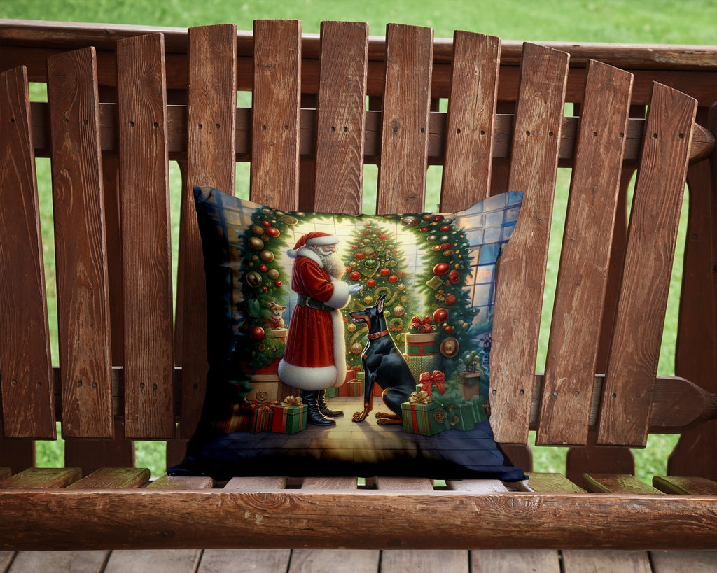 Doberman Pinscher and Santa Claus Decorative Throw Pillow 14x14 Indoor Outdoor Accent Cushion, Fabric Cover with Insert for Sofa, Bed, Porch & Living Room