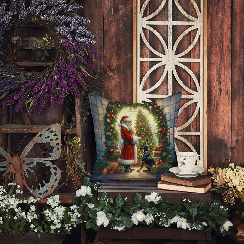 Doberman Pinscher and Santa Claus Decorative Throw Pillow 14x14 Indoor Outdoor Accent Cushion, Fabric Cover with Insert for Sofa, Bed, Porch & Living Room