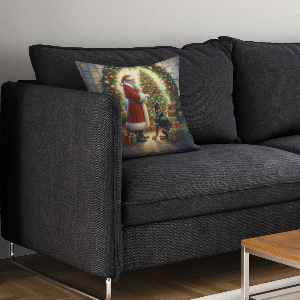 Doberman Pinscher and Santa Claus Decorative Throw Pillow 14x14 Indoor Outdoor Accent Cushion, Fabric Cover with Insert for Sofa, Bed, Porch & Living Room