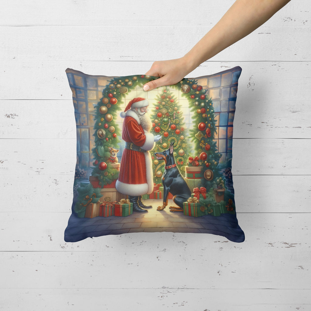 Doberman Pinscher and Santa Claus Decorative Throw Pillow 18x18 Indoor Outdoor Accent Cushion, Fabric Cover with Insert for Sofa, Bed, Porch & Living Room