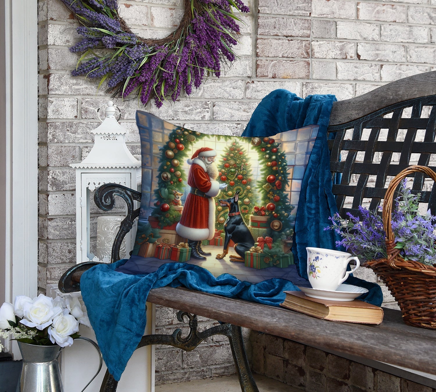 Doberman Pinscher and Santa Claus Decorative Throw Pillow 18x18 Indoor Outdoor Accent Cushion, Fabric Cover with Insert for Sofa, Bed, Porch & Living Room